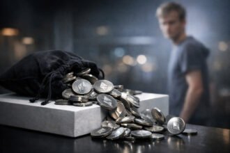 Pile of Ethereum coins spilling from a bag on a table with a blurred figure in the background, symbolizing aggressive ETH selling that has sparked market concerns