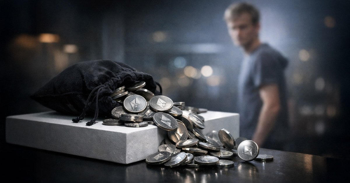 Pile of Ethereum coins spilling from a bag on a table with a blurred figure in the background, symbolizing aggressive ETH selling that has sparked market concerns