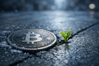 Bitcoin coin embedded in cracked pavement beside a small green sprout, reflecting cautious investor optimism for a potential move toward $90,000 in March