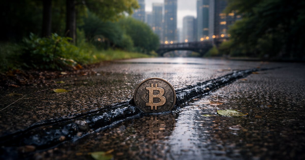 Bitcoin coin lodged in a narrow crack along a rain-soaked city pavement, symbolizing the end of the Bitcoin CME gap and the potential closure of historic price gaps in May
