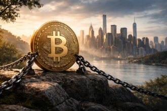 Bitcoin coin secured with chains overlooking a city skyline, symbolizing holders borrowing against BTC while Wall Street packages the debt into tradable bonds