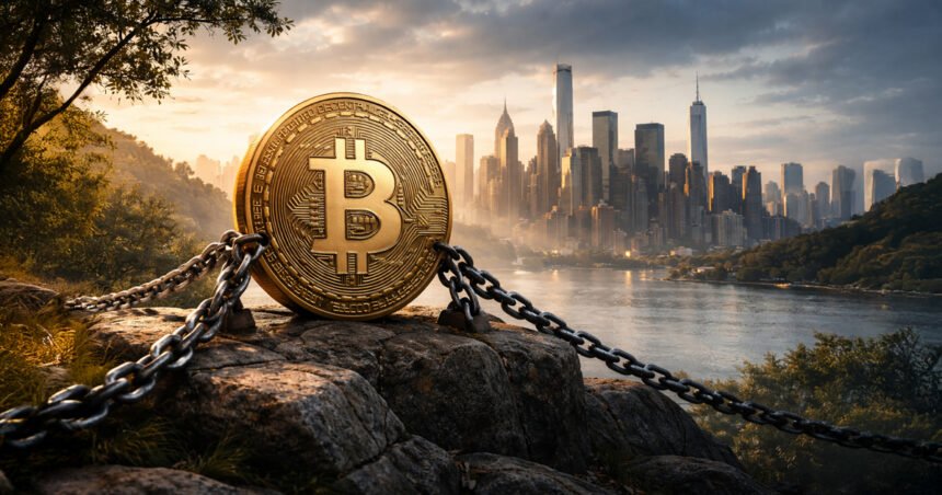 Bitcoin coin secured with chains overlooking a city skyline, symbolizing holders borrowing against BTC while Wall Street packages the debt into tradable bonds