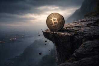 Bitcoin coin perched on a crumbling cliff edge above a dark cityscape, symbolizing downside risk and a potential drop below $30,000 in 2027