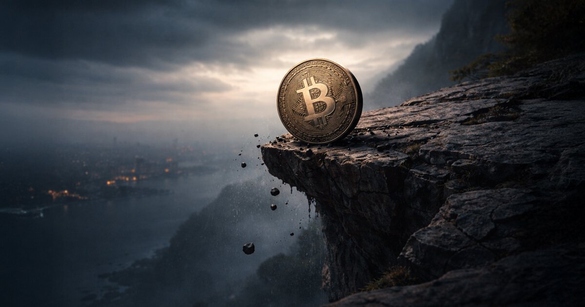 Bitcoin coin perched on a crumbling cliff edge above a dark cityscape, symbolizing downside risk and a potential drop below $30,000 in 2027