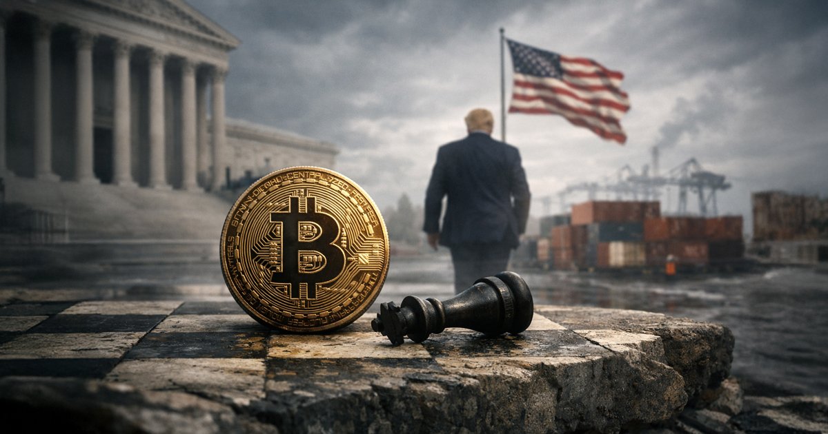 Bitcoin coin beside a fallen chess piece outside the Supreme Court with a US flag and shipping containers in the background, symbolizing a 150-day danger zone as Trump turns to a 1974 trade law affecting markets