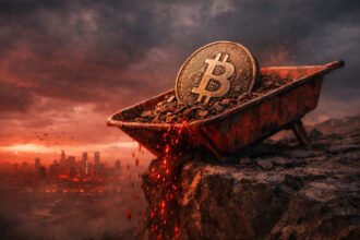 Bitcoin coin in a rusted wheelbarrow spilling embers off a cliff above a city skyline, symbolizing a fifth straight red month as ETF outflows weigh on BTC prices