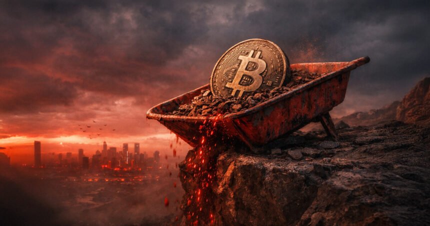Bitcoin coin in a rusted wheelbarrow spilling embers off a cliff above a city skyline, symbolizing a fifth straight red month as ETF outflows weigh on BTC prices