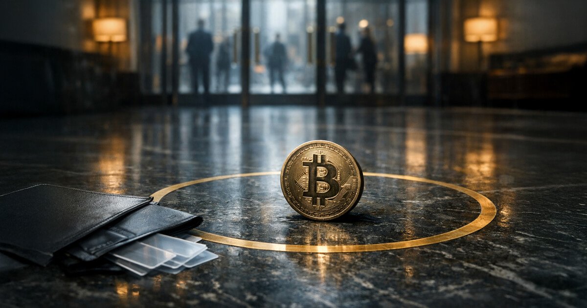 Bitcoin coin positioned inside a gold floor circle in a corporate lobby, symbolizing a defined buy zone as ETF-driven capital reshapes BTC market dynamics