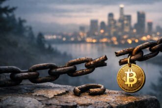 Bitcoin coin hanging from a broken chain overlooking a city skyline, symbolizing declining user activity and $4.5B in ETF outflows in 2026