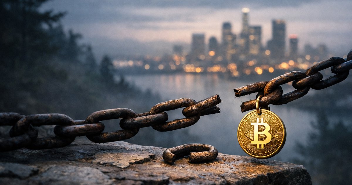 Bitcoin coin hanging from a broken chain overlooking a city skyline, symbolizing declining user activity and $4.5B in ETF outflows in 2026
