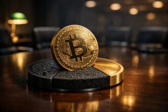 Bitcoin coin on a segmented platform symbolizing tech beta, liquidity sponge, and hedge dynamics as a Federal Reserve pause influences which market role dominates