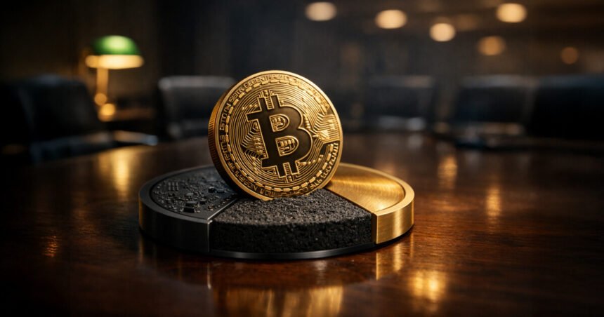 Bitcoin coin on a segmented platform symbolizing tech beta, liquidity sponge, and hedge dynamics as a Federal Reserve pause influences which market role dominates