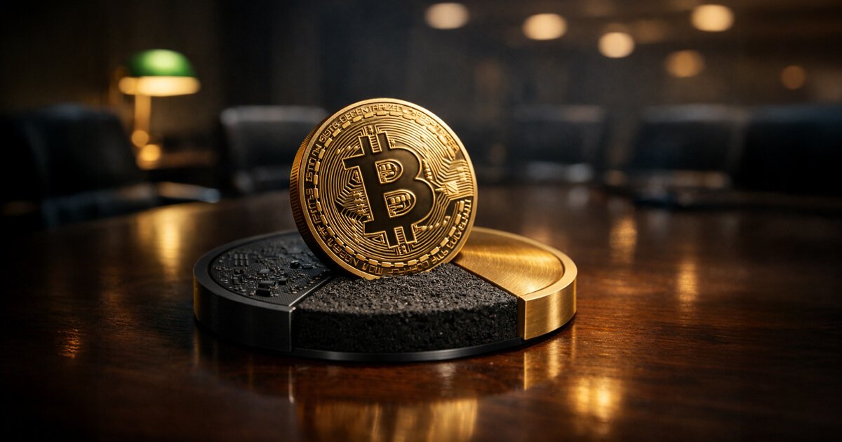 Bitcoin coin on a segmented platform symbolizing tech beta, liquidity sponge, and hedge dynamics as a Federal Reserve pause influences which market role dominates