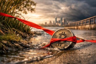 Bitcoin coin bound by red tape near a city waterfront, symbolizing how Trump’s tariff chaos erased $100 billion from the crypto market