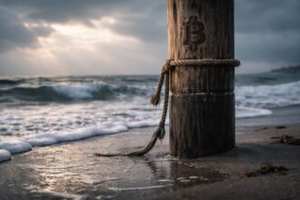 Bitcoin symbol carved into a weathered post battered by two waves on a stormy beach, reflecting the double-wave capitulation after failed washouts at $80K and $60K