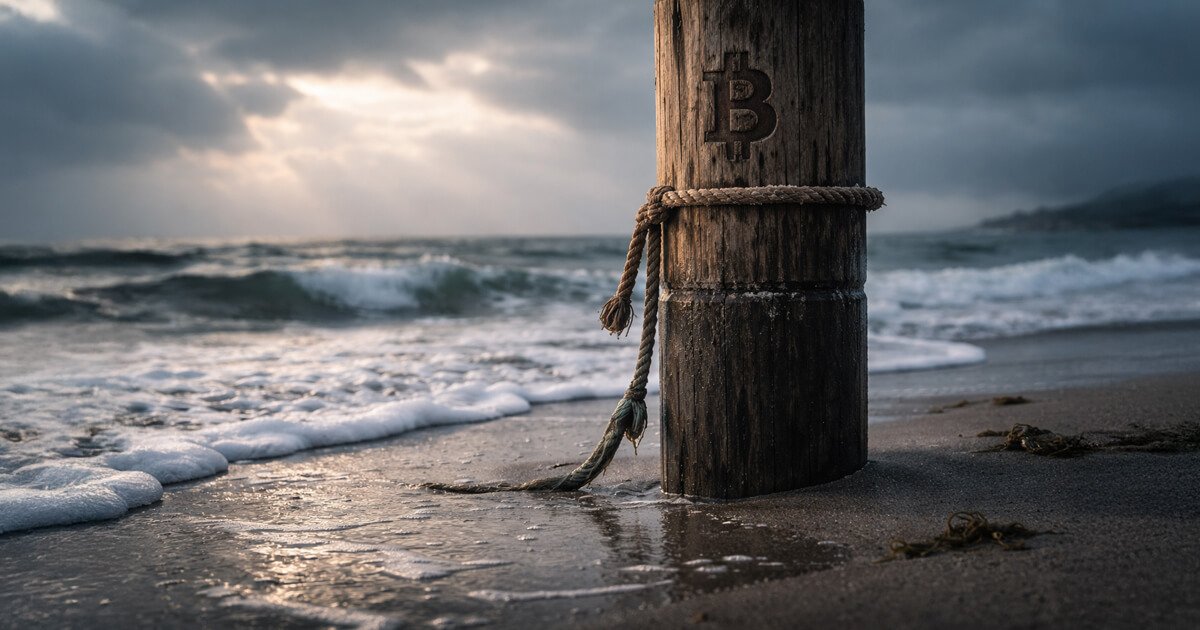 Bitcoin symbol carved into a weathered post battered by two waves on a stormy beach, reflecting the double-wave capitulation after failed washouts at $80K and $60K