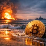 Bitcoin coin on a shoreline with explosions in the distance, symbolizing a rapid price recovery after an Iran war-driven crash and uncertainty over a key Monday data point that could shift the next move