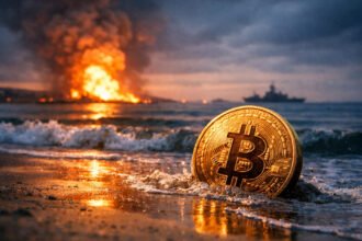 Bitcoin coin on a shoreline with explosions in the distance, symbolizing a rapid price recovery after an Iran war-driven crash and uncertainty over a key Monday data point that could shift the next move