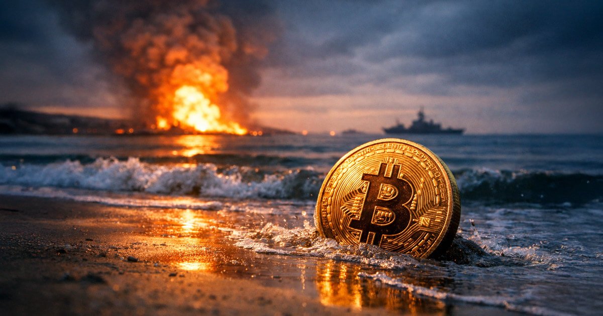 Bitcoin coin on a shoreline with explosions in the distance, symbolizing a rapid price recovery after an Iran war-driven crash and uncertainty over a key Monday data point that could shift the next move