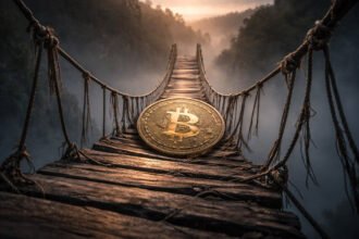 Bitcoin coin resting on a fragile rope bridge over a deep valley, symbolizing record oversold weekly conditions and lingering downside risk despite extreme market stress