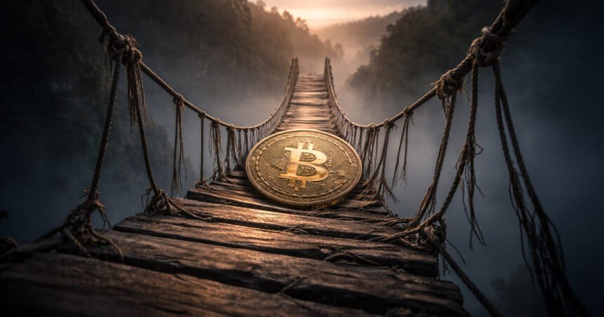 Bitcoin coin resting on a fragile rope bridge over a deep valley, symbolizing record oversold weekly conditions and lingering downside risk despite extreme market stress