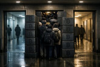 Crowd funneled through a narrow doorway framed by stacked Bitcoin blocks, symbolizing three possible price paths as derivatives traders position for a painful move