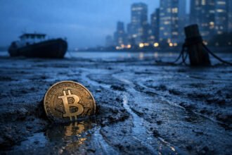 Bitcoin coin half-buried in muddy ground at low tide near a dark city skyline, reflecting ongoing BTC selloff and on-chain data signaling draining market liquidity