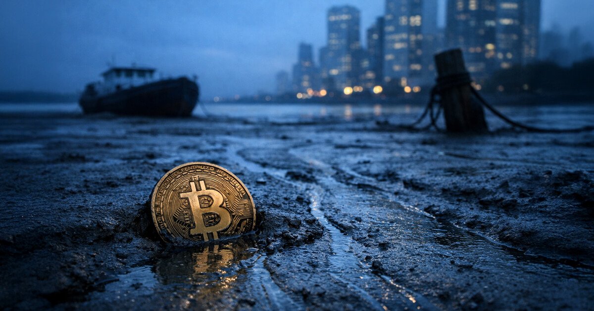 Bitcoin coin half-buried in muddy ground at low tide near a dark city skyline, reflecting ongoing BTC selloff and on-chain data signaling draining market liquidity
