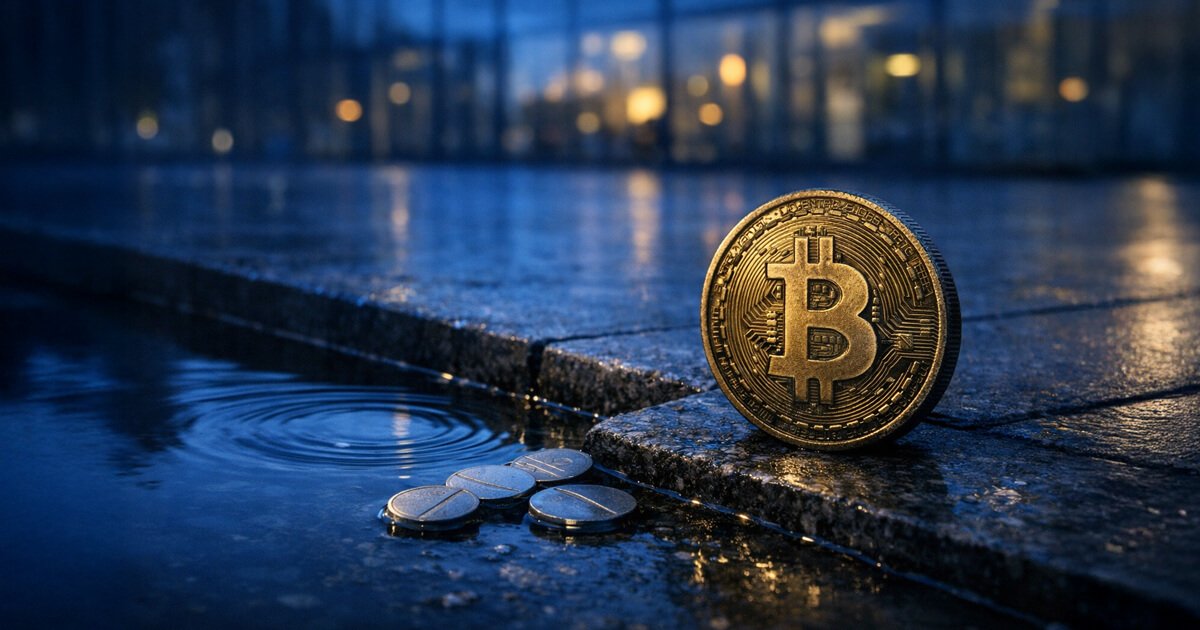 Bitcoin coin beside pooled water and fading city lights, symbolizing slowing ETF inflows, ETF fatigue and the search for the next narrative engine to drive BTC momentum