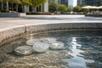 Stablecoin tokens resting at the bottom of a shallow reflecting pool in a city plaza, symbolizing a 2% dip in crypto’s liquidity measure similar to M2 money supply