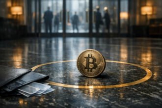 Bitcoin coin positioned inside a gold floor circle in a corporate lobby, symbolizing a defined buy zone as ETF-driven capital reshapes BTC market dynamics