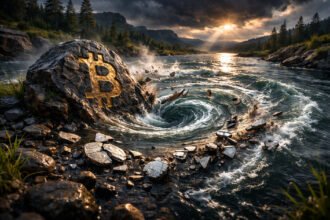 Bitcoin symbol carved into a river rock as a whirlpool pulls away broken coins, representing massive ETF inflows and relatively smaller outflows during the market crash