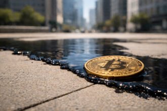 Bitcoin coin beside a spill of crude oil on a city street, symbolizing oil’s 4% surge reshaping rate cut expectations and crypto market sentiment