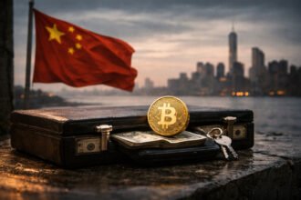 Bitcoin coin on a briefcase of cash with Chinese flag and city skyline in background, symbolizing questions over China’s exposure to US Bitcoin ETFs via a Hong Kong firm and major investment in BlackRock’s ETF