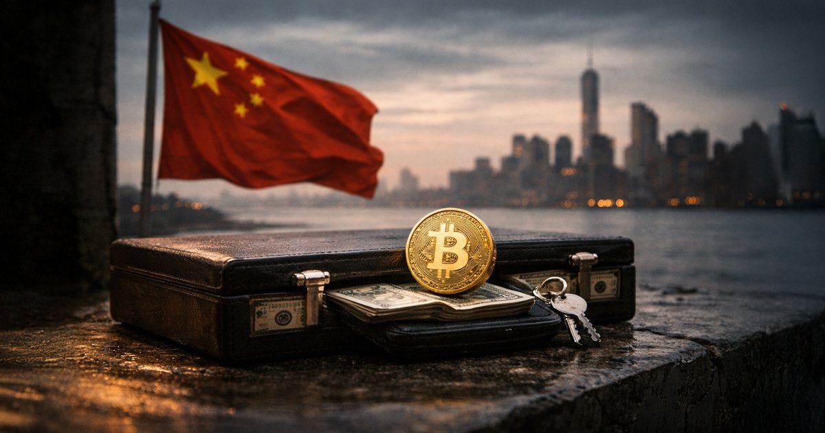 Bitcoin coin on a briefcase of cash with Chinese flag and city skyline in background, symbolizing questions over China’s exposure to US Bitcoin ETFs via a Hong Kong firm and major investment in BlackRock’s ETF