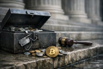 Open lockbox filled with cash and coins beside a gavel on courthouse steps, with a Bitcoin token in front, symbolizing the Supreme Court striking down IEEPA tariffs and a potential $179 billion market payout