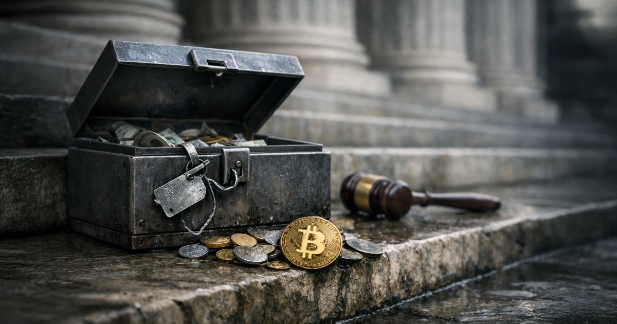 Open lockbox filled with cash and coins beside a gavel on courthouse steps, with a Bitcoin token in front, symbolizing the Supreme Court striking down IEEPA tariffs and a potential $179 billion market payout