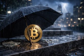 Bitcoin coin sheltered under an umbrella in a stormy city scene, symbolizing record IBIT options activity during a market crash and Wall Street’s growing crypto exposure