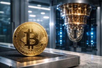 Bitcoin coin in a high-tech lab setting with a quantum computer backdrop, reflecting the bc1z address upgrade and its implications for fees, privacy, and quantum resilience