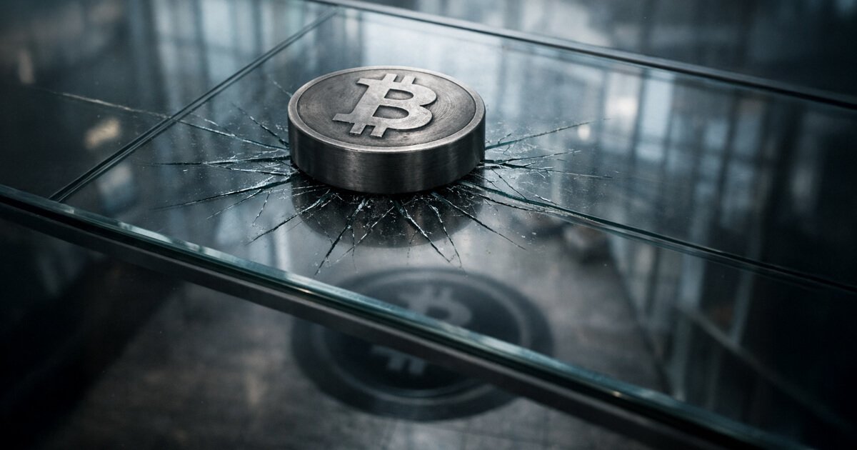 Metal Bitcoin coin pressing into cracked glass surface, symbolizing downside risk toward $8,000 and concerns over Strategy’s resilience in a potential bear market price magnet scenario