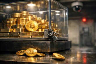 Bitcoin coins and gold bars locked in a glass case with a security camera in the background, illustrating Bithumb’s $44B Bitcoin giveaway and crypto control failures