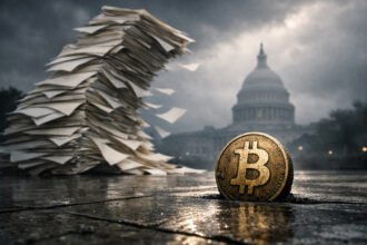 Stack of government paperwork towering near the U.S. Capitol with a Bitcoin coin in the foreground, illustrating rising national debt and the case for BTC as a hedge