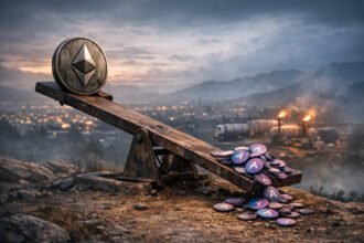 Ethereum coin on a rusted seesaw tipping against a pile of Aave tokens, symbolizing Trend Research’s ETH sell-off and rising liquidation risk near key Aave thresholds