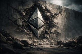 Ethereum logo embedded in a cracked concrete wall with rubble and dust, symbolizing Ethereum’s layer 2 vision hitting a wall and Vitalik declaring branded shards dead.