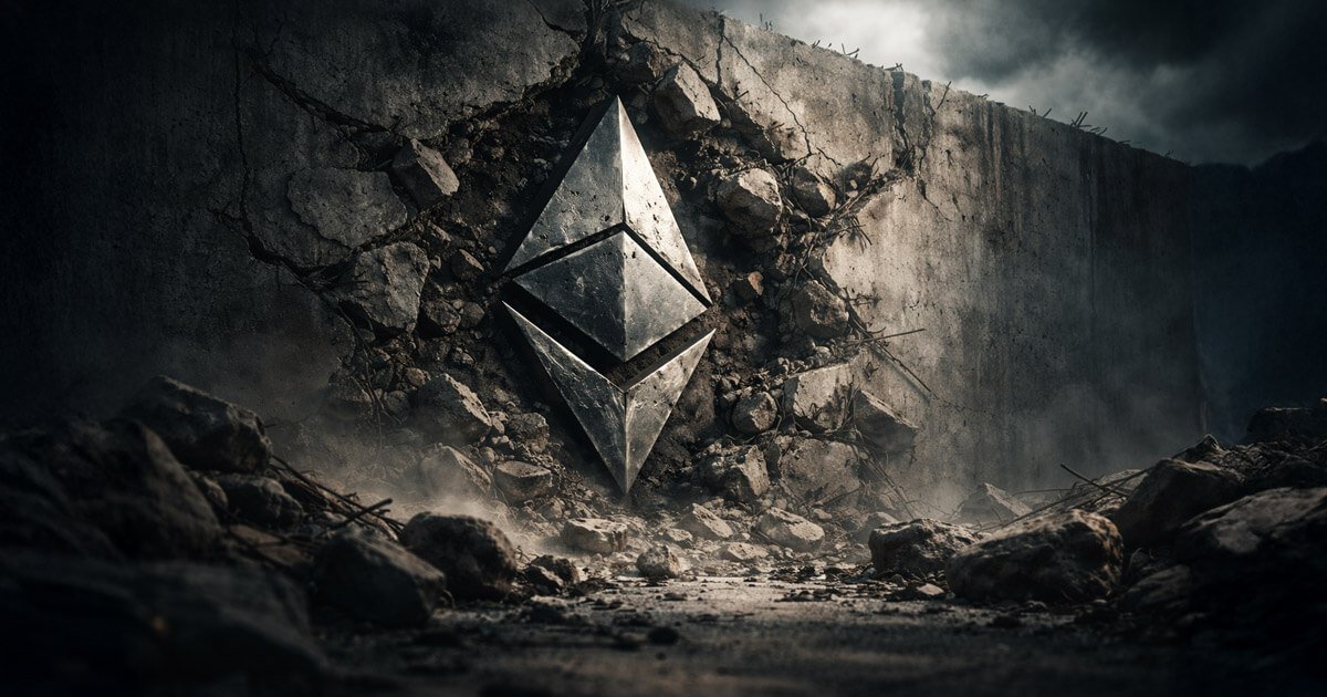 Ethereum logo embedded in a cracked concrete wall with rubble and dust, symbolizing Ethereum’s layer 2 vision hitting a wall and Vitalik declaring branded shards dead.