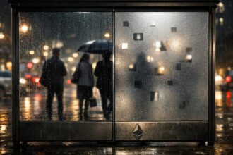 Rainy city bus shelter split between transparent and frosted panels with Bitcoin and Ethereum symbols, illustrating divide in crypto privacy between retail opt-in tools and institutional sealed execution and auditability