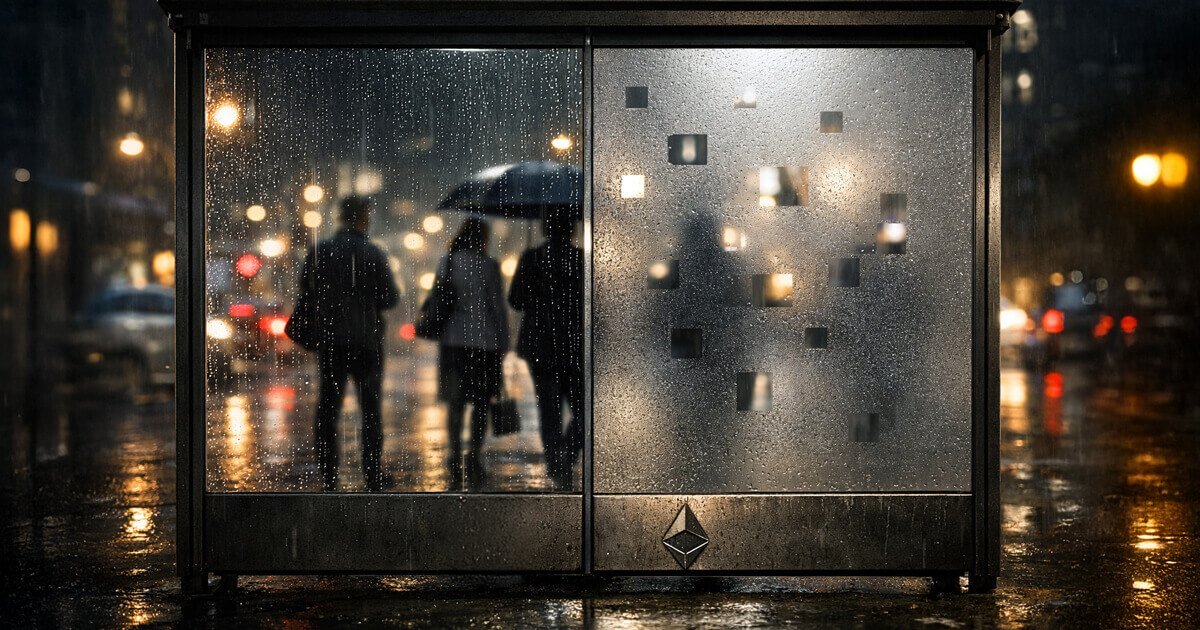 Rainy city bus shelter split between transparent and frosted panels with Bitcoin and Ethereum symbols, illustrating divide in crypto privacy between retail opt-in tools and institutional sealed execution and auditability