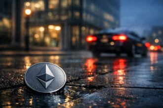 Ethereum coin on rain-soaked city street at night with blurred car lights, symbolizing insider selling as Peter Thiel exits an ETH treasury company trade