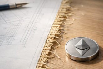 Ethereum coin beside technical blueprints on a wooden desk, symbolizing the network’s path to $10,000 as seven upgrades and a fragile ecosystem vote shape ETH’s future trajectory