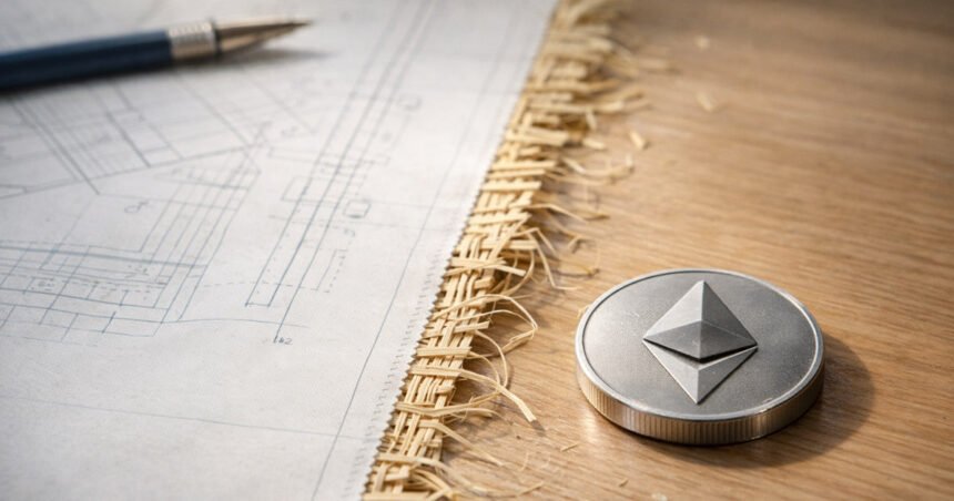 Ethereum coin beside technical blueprints on a wooden desk, symbolizing the network’s path to $10,000 as seven upgrades and a fragile ecosystem vote shape ETH’s future trajectory